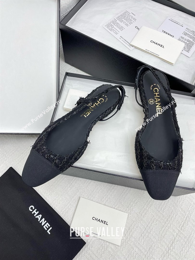 Chanel Tweed Grosgrain Slingbacks Flats with Sequins G31319 Black 2025 (KL-25071004)