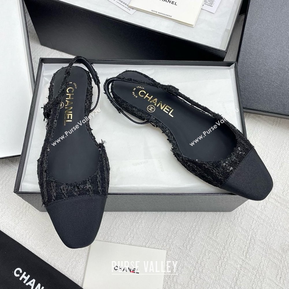 Chanel Tweed Grosgrain Slingbacks Flats with Sequins G31319 Black 2025 (KL-25071004)