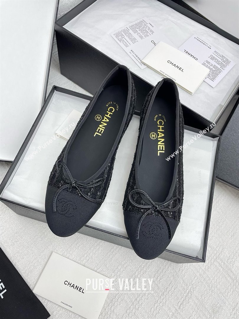 Chanel Tweed Grosgrain Ballet Flats with Sequins CHB71006 Black 2025 (KL-25071006)