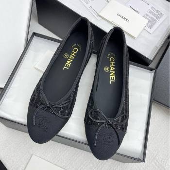 Chanel Tweed Grosgrain Ballet Flats with Sequins CHB71006 Black 2025 (KL-25071006)