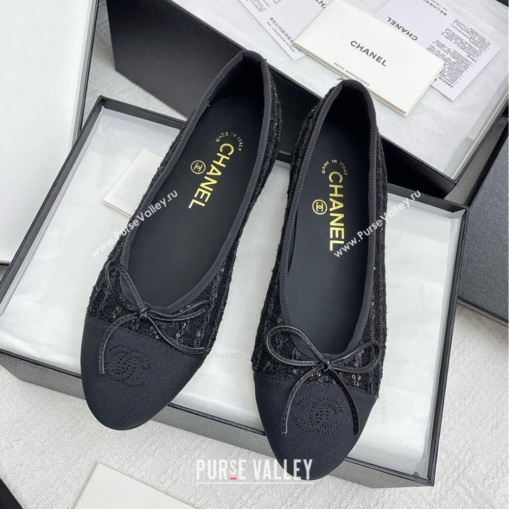 Chanel Tweed Grosgrain Ballet Flats with Sequins CHB71006 Black 2025 (KL-25071006)