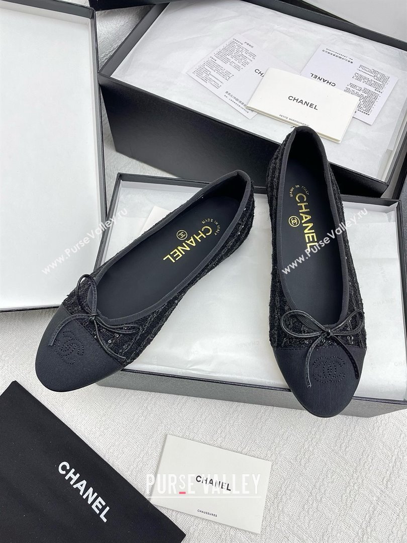 Chanel Tweed Grosgrain Ballet Flats with Sequins CHB71006 Black 2025 (KL-25071006)