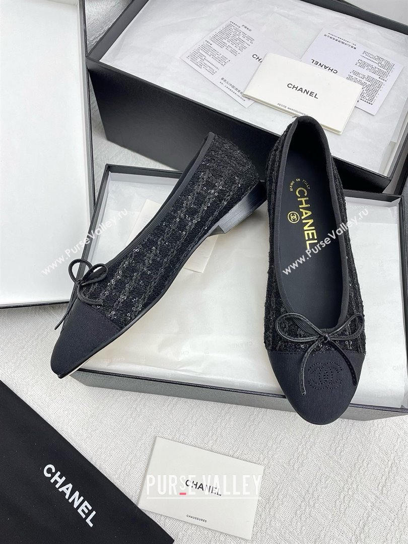 Chanel Tweed Grosgrain Ballet Flats with Sequins CHB71006 Black 2025 (KL-25071006)