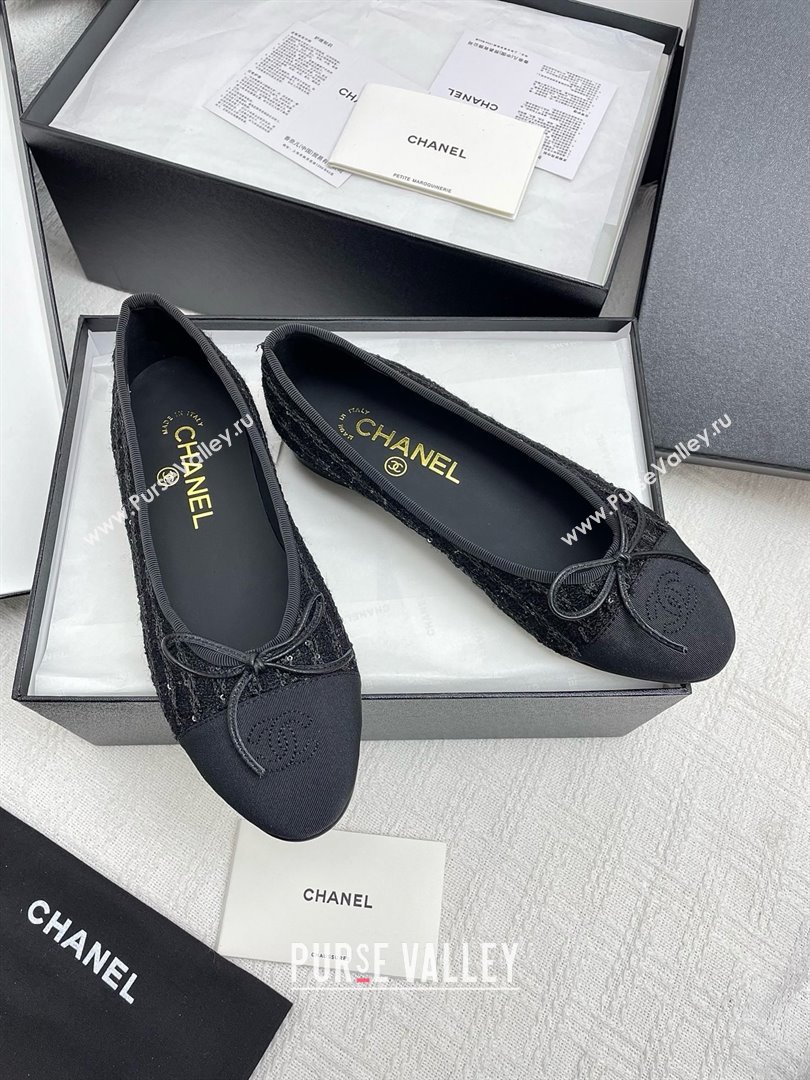 Chanel Tweed Grosgrain Ballet Flats with Sequins CHB71006 Black 2025 (KL-25071006)