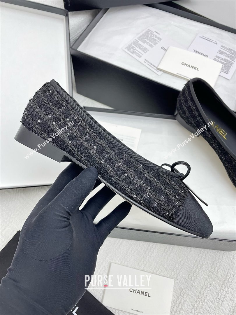 Chanel Tweed Grosgrain Ballet Flats with Sequins CHB71006 Black 2025 (KL-25071006)