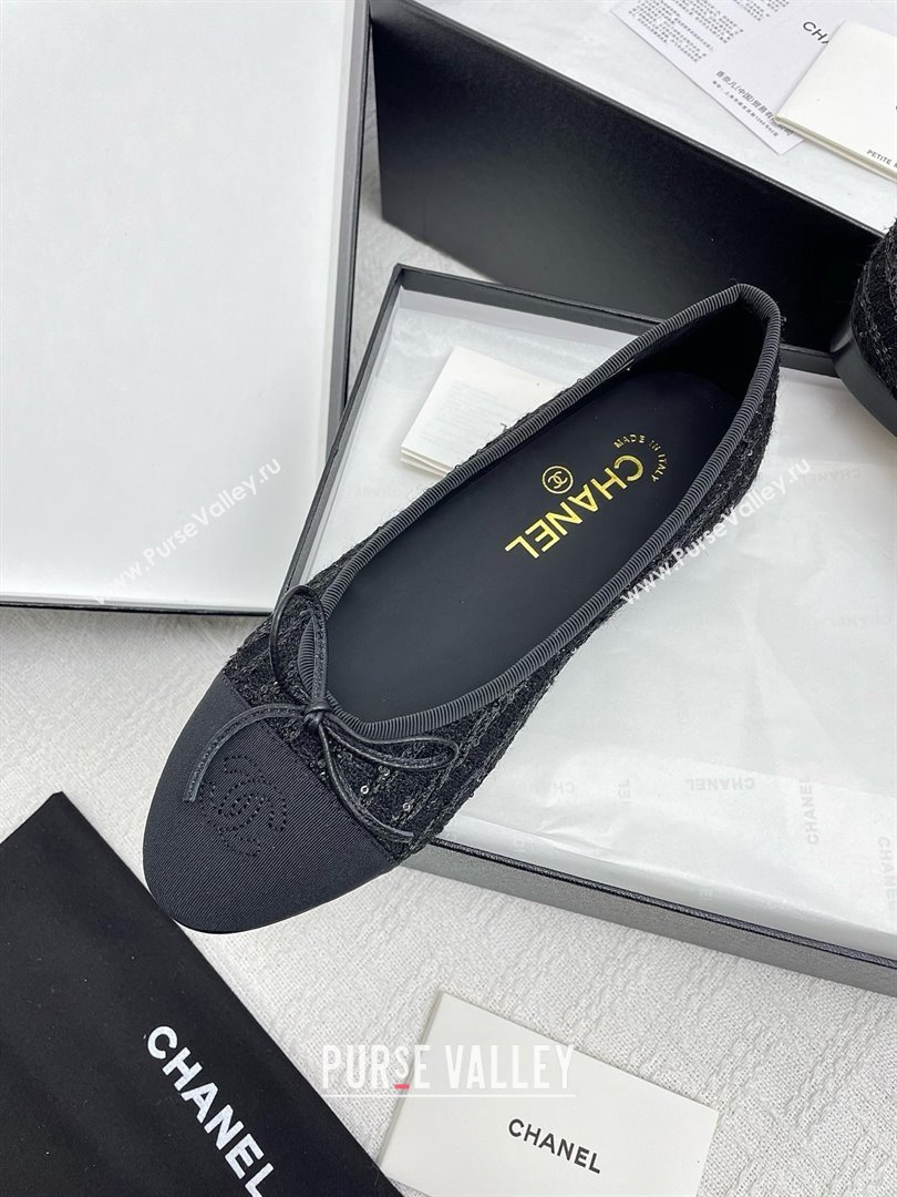 Chanel Tweed Grosgrain Ballet Flats with Sequins CHB71006 Black 2025 (KL-25071006)