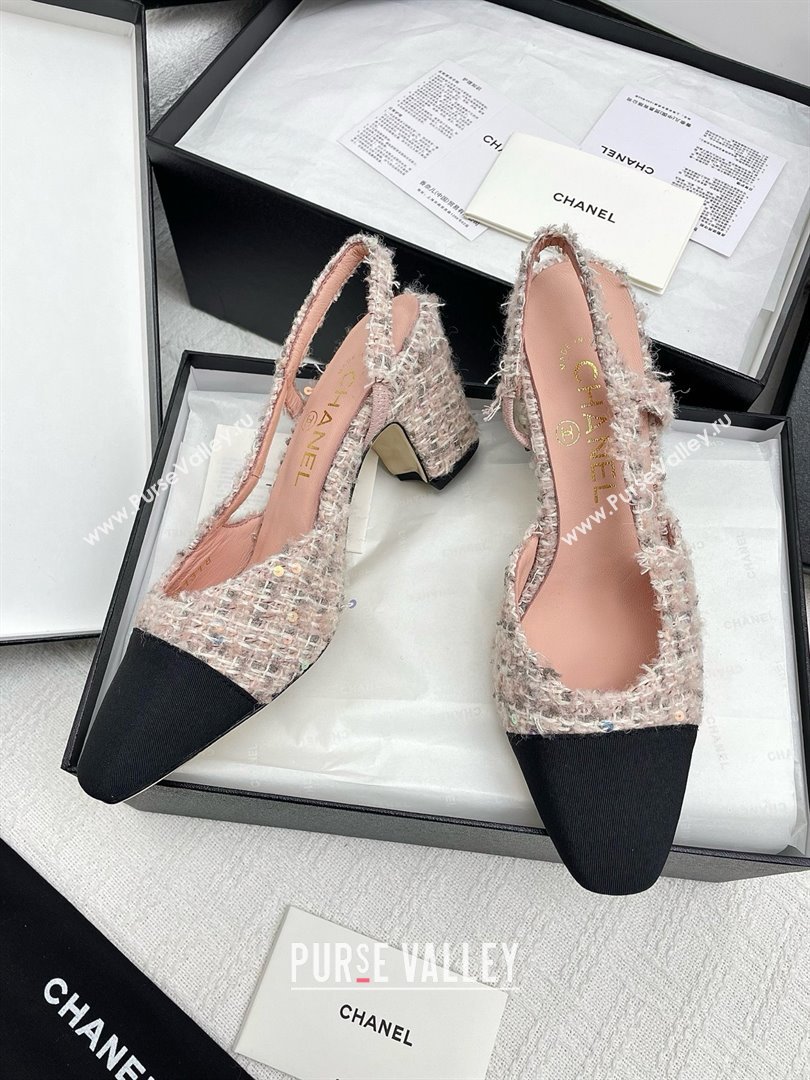 Chanel Tweed Grosgrain Slingbacks Pumps 6.5cm Heel G31318 Pink 2025 (KL-25071002)