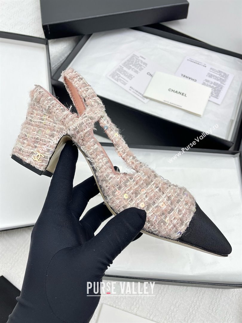 Chanel Tweed Grosgrain Slingbacks Pumps 6.5cm Heel G31318 Pink 2025 (KL-25071002)