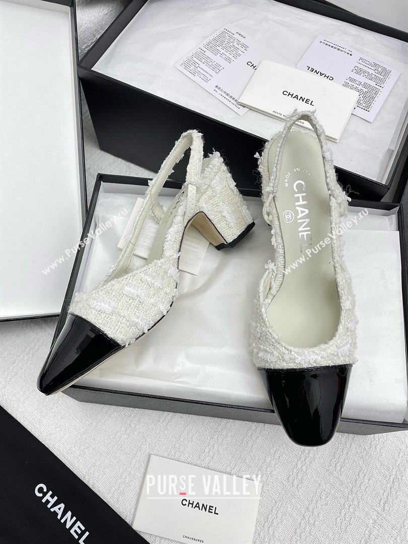 Chanel Tweed Patent Leather Slingbacks Pumps 6.5cm Heel G31318 Black/White 2025 (KL-25071008)