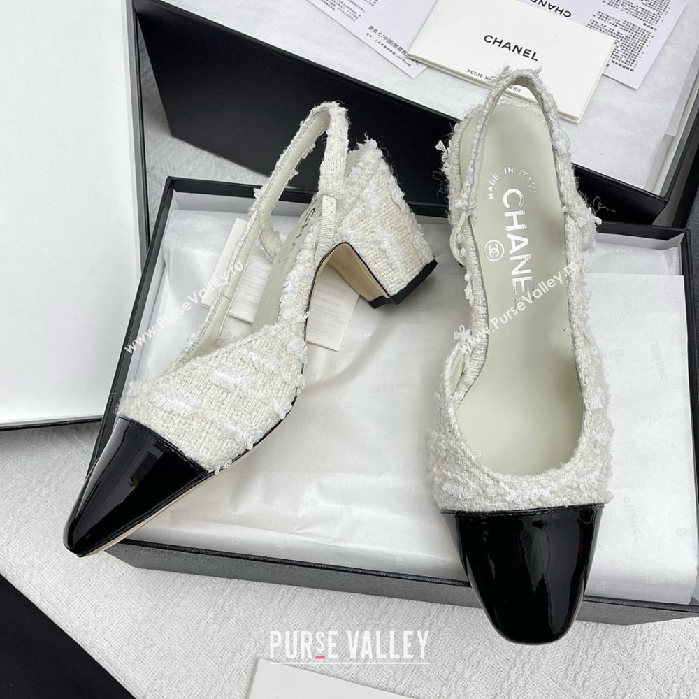 Chanel Tweed Patent Leather Slingbacks Pumps 6.5cm Heel G31318 Black/White 2025 (KL-25071008)