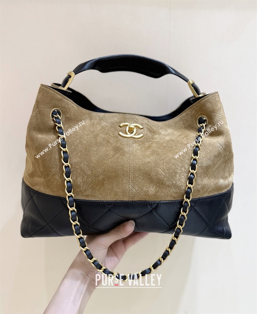 Chanel Small Tote Bag in Suede Calfskin Shiny Lambskin AS5634 Beige/Black 2025 Top Quality (SHUNY-25073103)