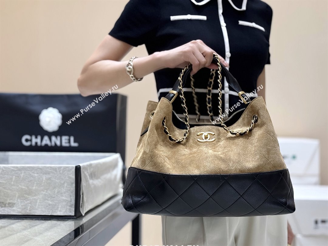 Chanel Small Tote Bag in Suede Calfskin Shiny Lambskin AS5634 Beige/Black 2025 Top Quality (SHUNY-25073103)
