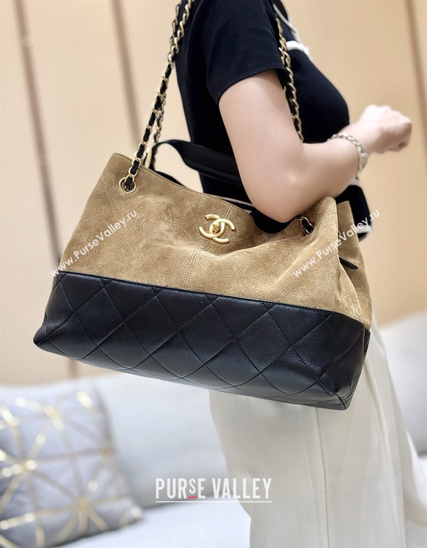 Chanel Small Tote Bag in Suede Calfskin Shiny Lambskin AS5634 Beige/Black 2025 Top Quality (SHUNY-25073103)