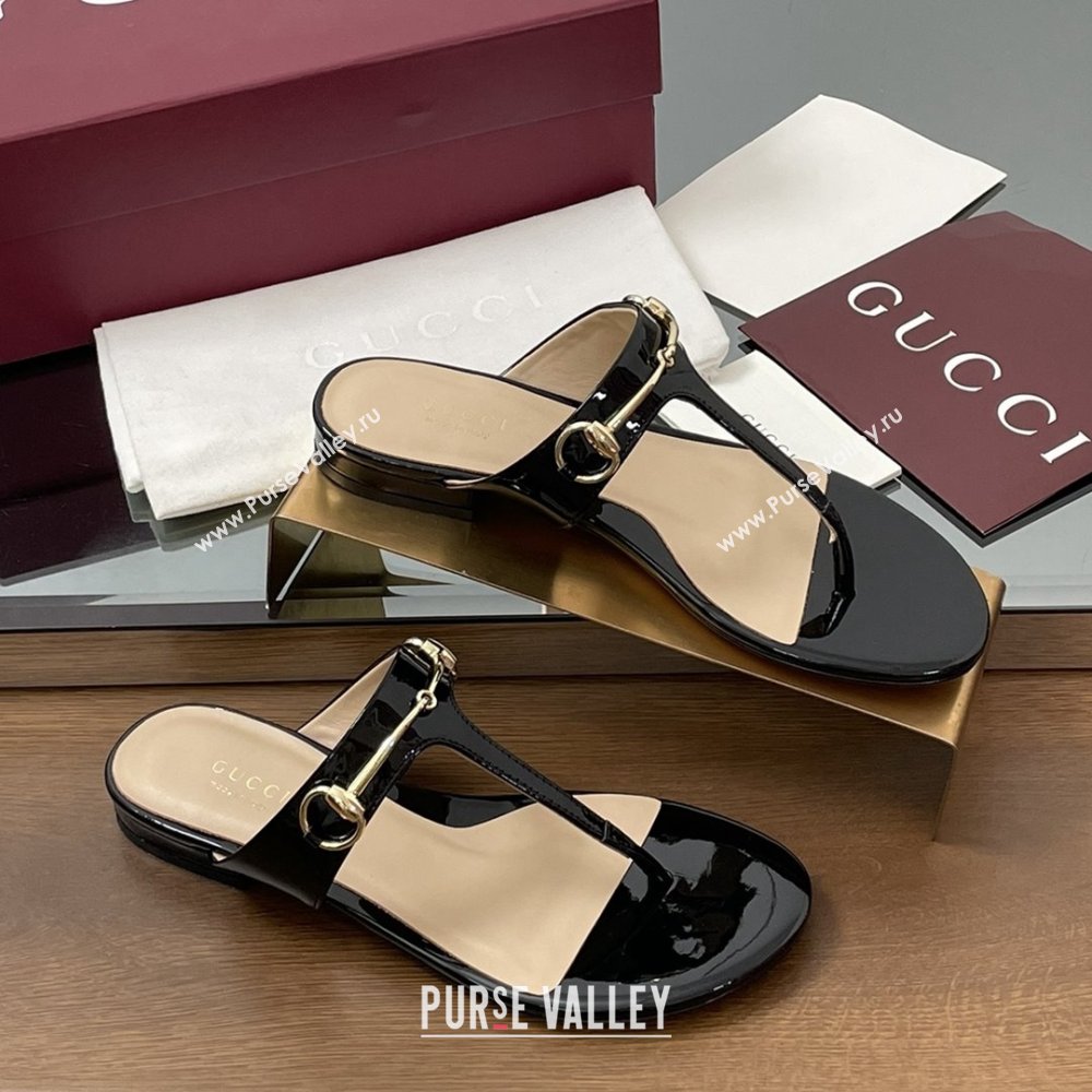 Gucci Thong Sandal with Horsebit in Patent Leather 816590 Black 2025 (MD-25080209)