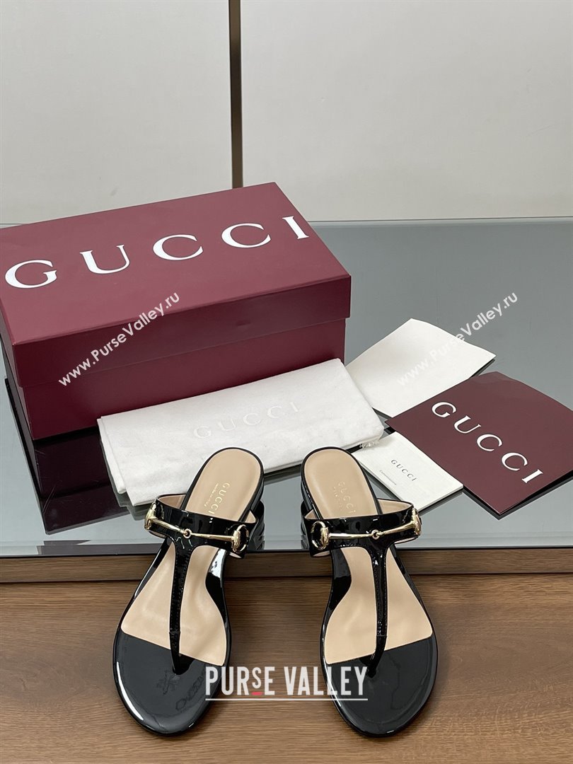 Gucci Thong Sandal with Horsebit in Patent Leather 816590 Black 2025 (MD-25080209)