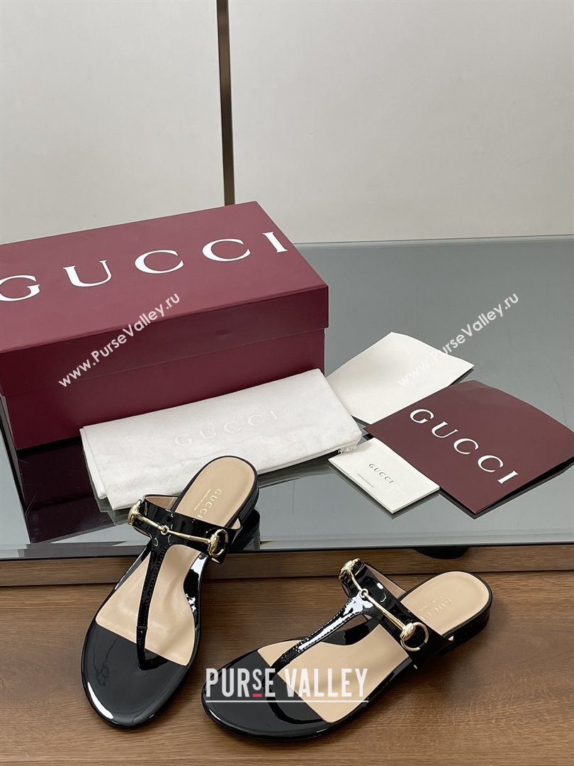 Gucci Thong Sandal with Horsebit in Patent Leather 816590 Black 2025 (MD-25080209)