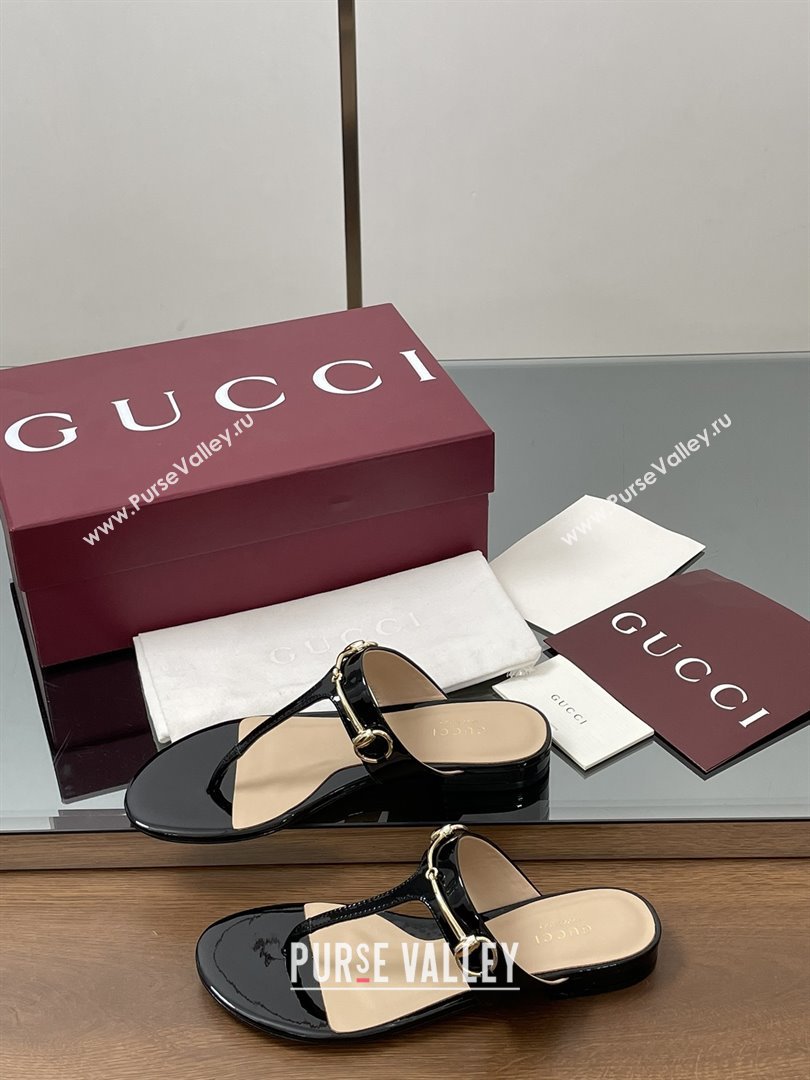 Gucci Thong Sandal with Horsebit in Patent Leather 816590 Black 2025 (MD-25080209)