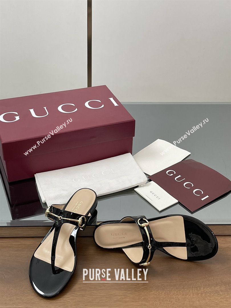 Gucci Thong Sandal with Horsebit in Patent Leather 816590 Black 2025 (MD-25080209)
