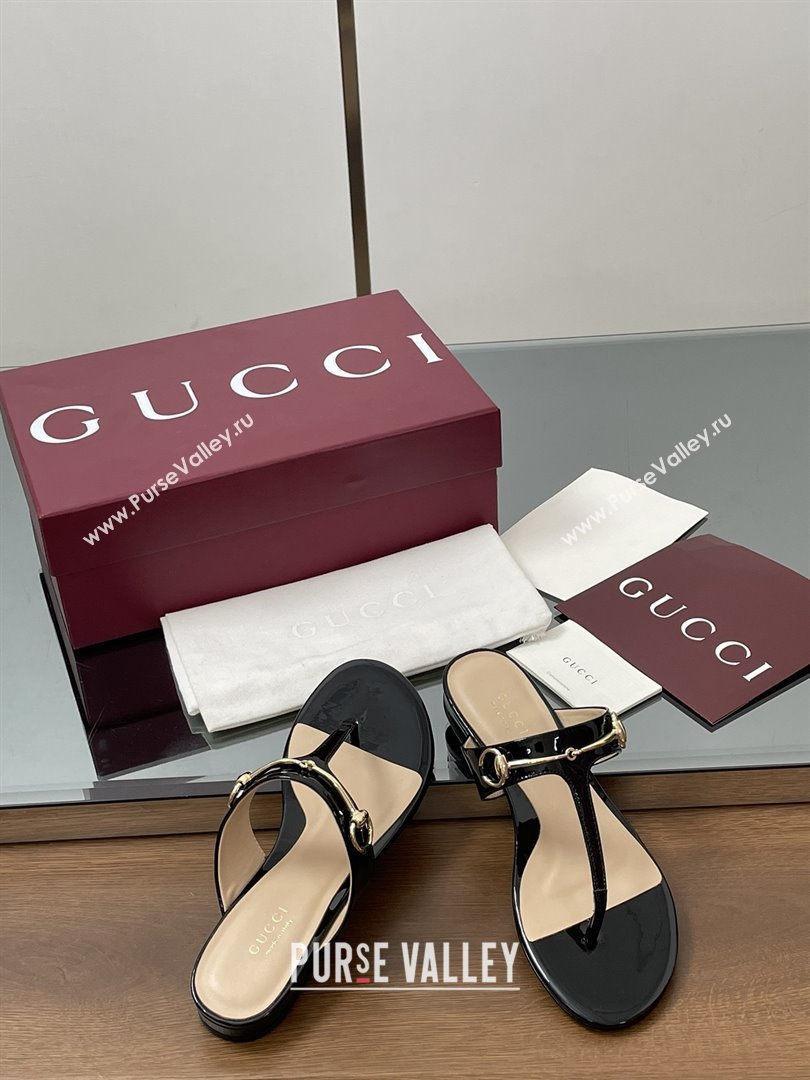 Gucci Thong Sandal with Horsebit in Patent Leather 816590 Black 2025 (MD-25080209)