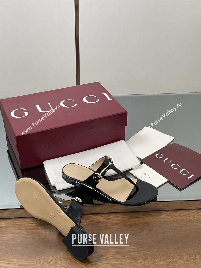 Gucci Thong Sandal with Horsebit in Patent Leather 816590 Black 2025 (MD-25080209)