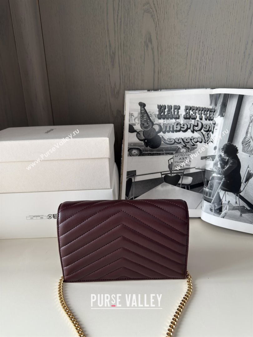Saint Laurent Cassandre Matelasse Envelope Chain Wallet in Lambskin 742920 Burgundy 2024 (HONGS-25081106)