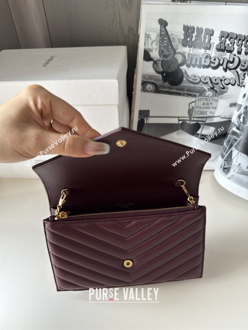 Saint Laurent Cassandre Matelasse Envelope Chain Wallet in Lambskin 742920 Burgundy 2024 (HONGS-25081106)