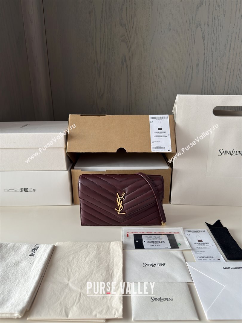 Saint Laurent Cassandre Matelasse Envelope Chain Wallet in Lambskin 742920 Burgundy 2024 (HONGS-25081106)