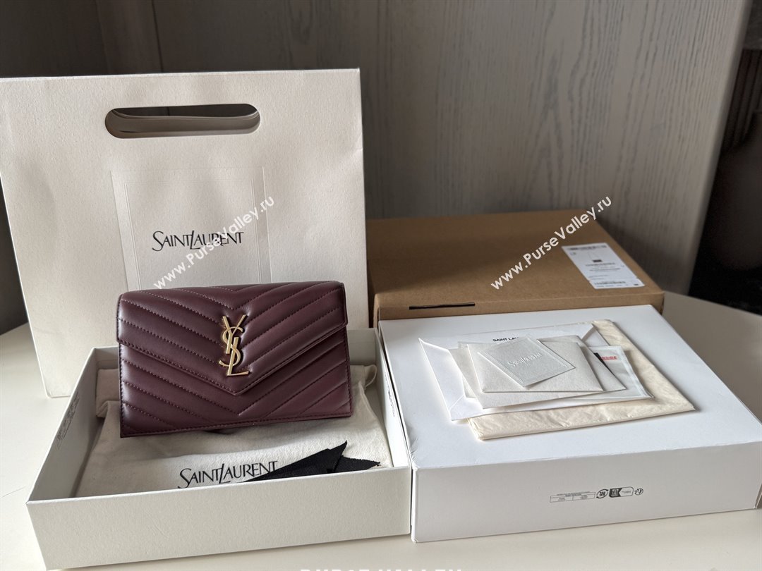 Saint Laurent Cassandre Matelasse Envelope Chain Wallet in Lambskin 742920 Burgundy 2024 (HONGS-25081106)