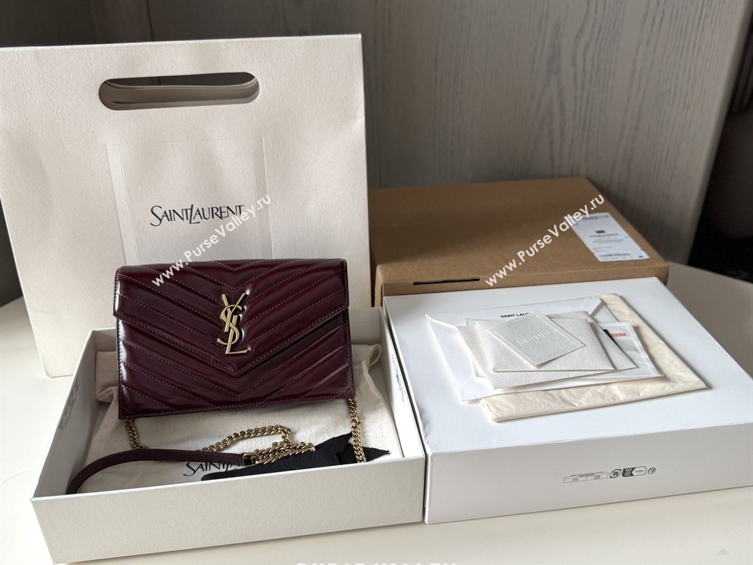 Saint Laurent Cassandre Matelasse Envelope Chain Wallet in Waxy Leather 742920 Burgundy 2024 Top Quality (HONGS-25081109)