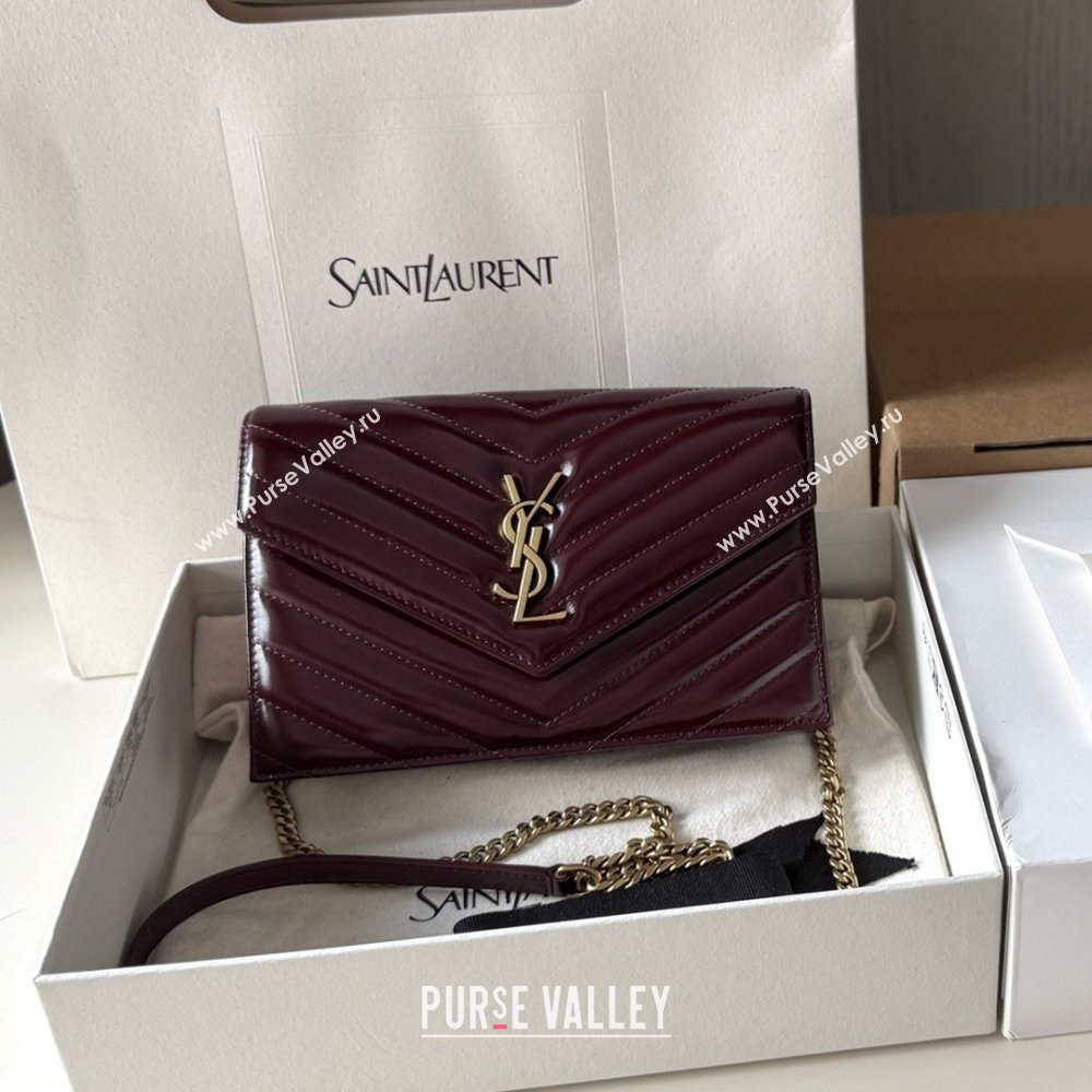 Saint Laurent Cassandre Matelasse Envelope Chain Wallet in Waxy Leather 742920 Burgundy 2024 Top Quality (HONGS-25081109)