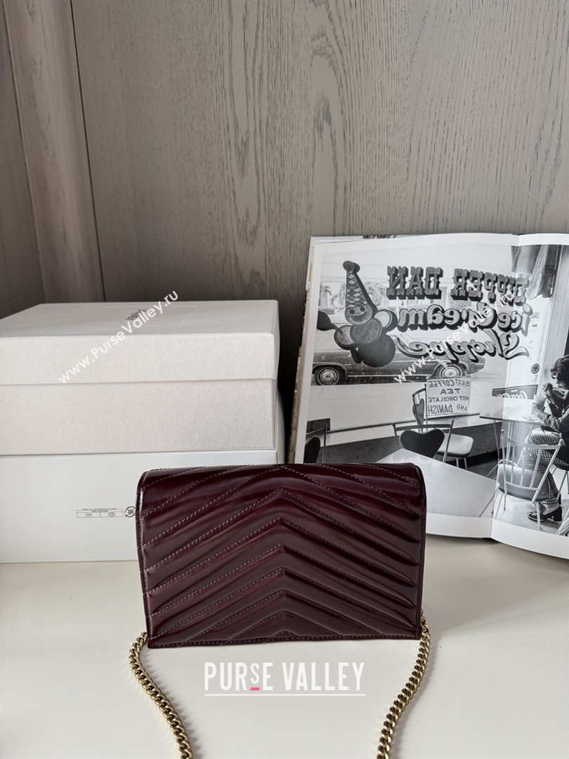 Saint Laurent Cassandre Matelasse Envelope Chain Wallet in Waxy Leather 742920 Burgundy 2024 Top Quality (HONGS-25081109)