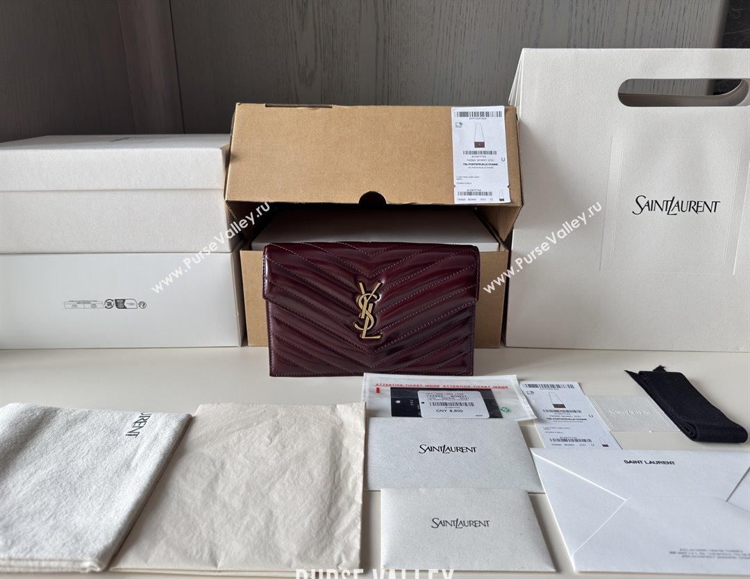 Saint Laurent Cassandre Matelasse Envelope Chain Wallet in Waxy Leather 742920 Burgundy 2024 Top Quality (HONGS-25081109)