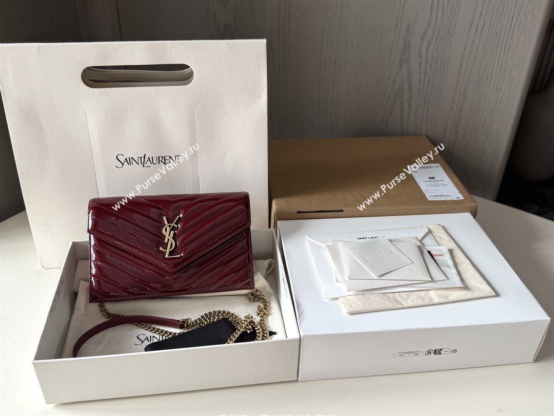 Saint Laurent Cassandre Matelasse Envelope Chain Wallet in Patent Leather 742920 Burgundy 2024 Top Quality (HONGS-25081110)