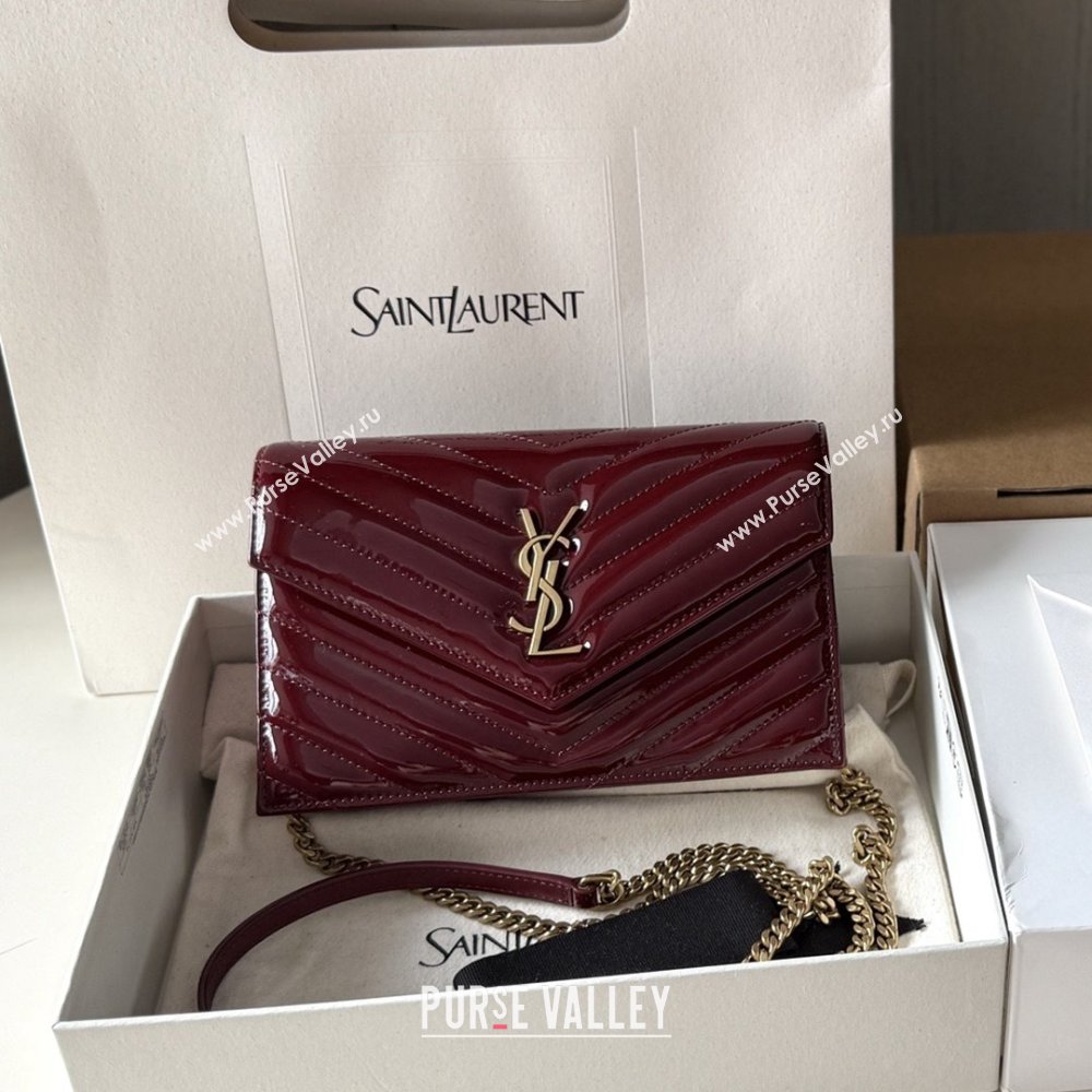 Saint Laurent Cassandre Matelasse Envelope Chain Wallet in Patent Leather 742920 Burgundy 2024 Top Quality (HONGS-25081110)