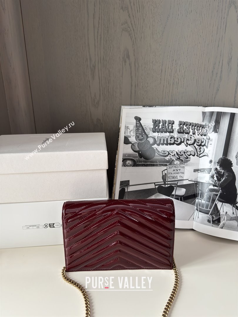 Saint Laurent Cassandre Matelasse Envelope Chain Wallet in Patent Leather 742920 Burgundy 2024 Top Quality (HONGS-25081110)