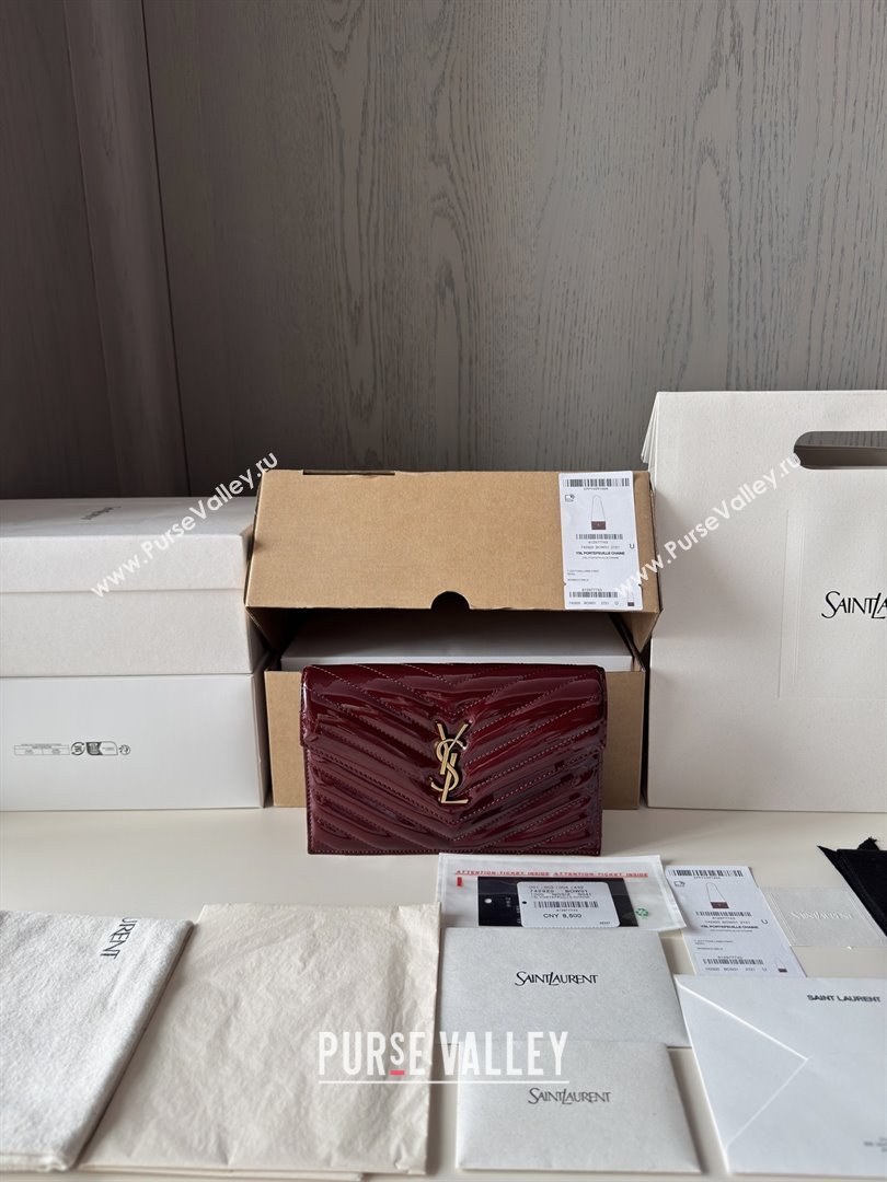 Saint Laurent Cassandre Matelasse Envelope Chain Wallet in Patent Leather 742920 Burgundy 2024 Top Quality (HONGS-25081110)