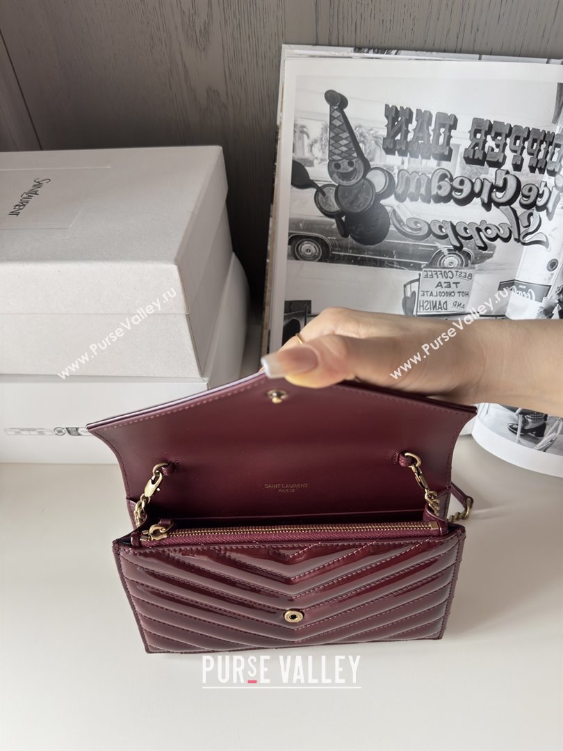 Saint Laurent Cassandre Matelasse Envelope Chain Wallet in Patent Leather 742920 Burgundy 2024 Top Quality (HONGS-25081110)