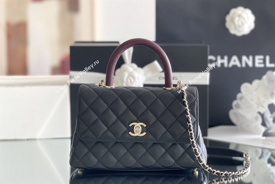 Chanel Coco Small Flap Bag with Top Handle in Onda Verde Calfskin A92990 Black/Burgundy 2025 Top Quality (MHE-25080702)