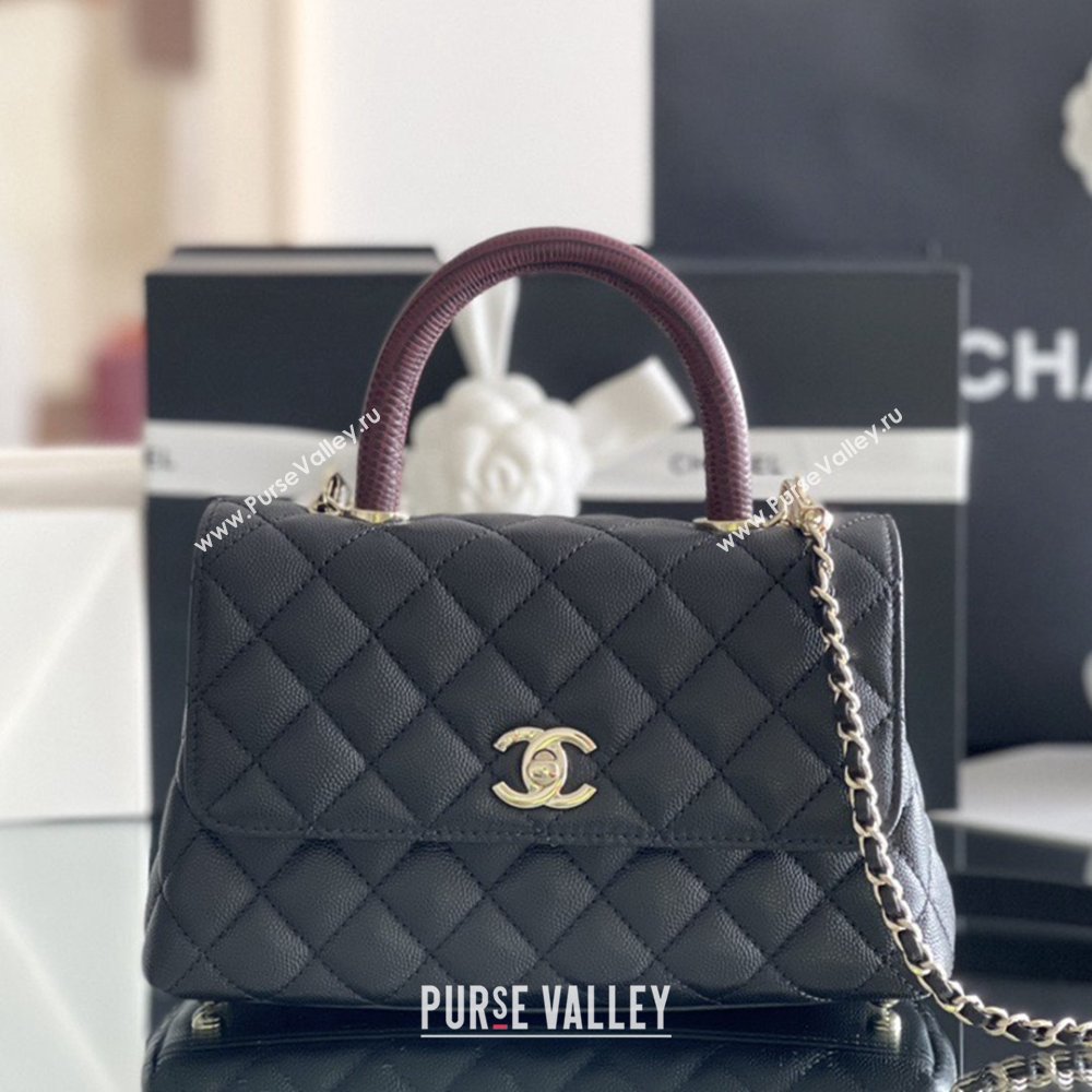 Chanel Coco Small Flap Bag with Top Handle in Onda Verde Calfskin A92990 Black/Burgundy 2025 Top Quality (MHE-25080702)