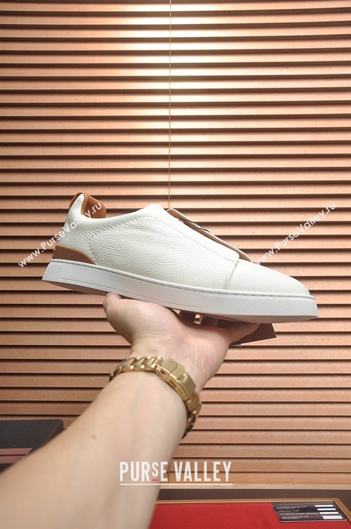 Zegna Mens Grained Leather Triple Stitch Sneakers White/Brown 2025 (LJD-25081306)