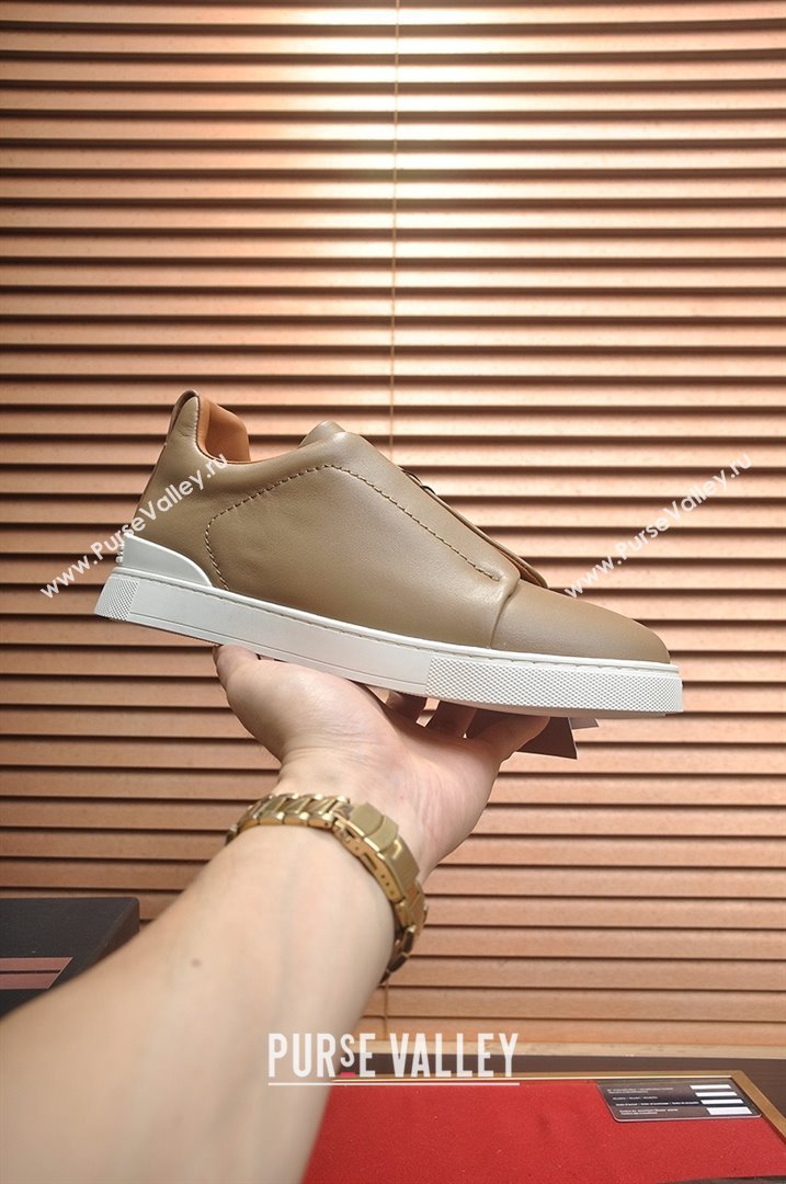 Zegna Mens Smooth Leather Triple Stitch Sneakers Brown 2025 (LJD-25081302)