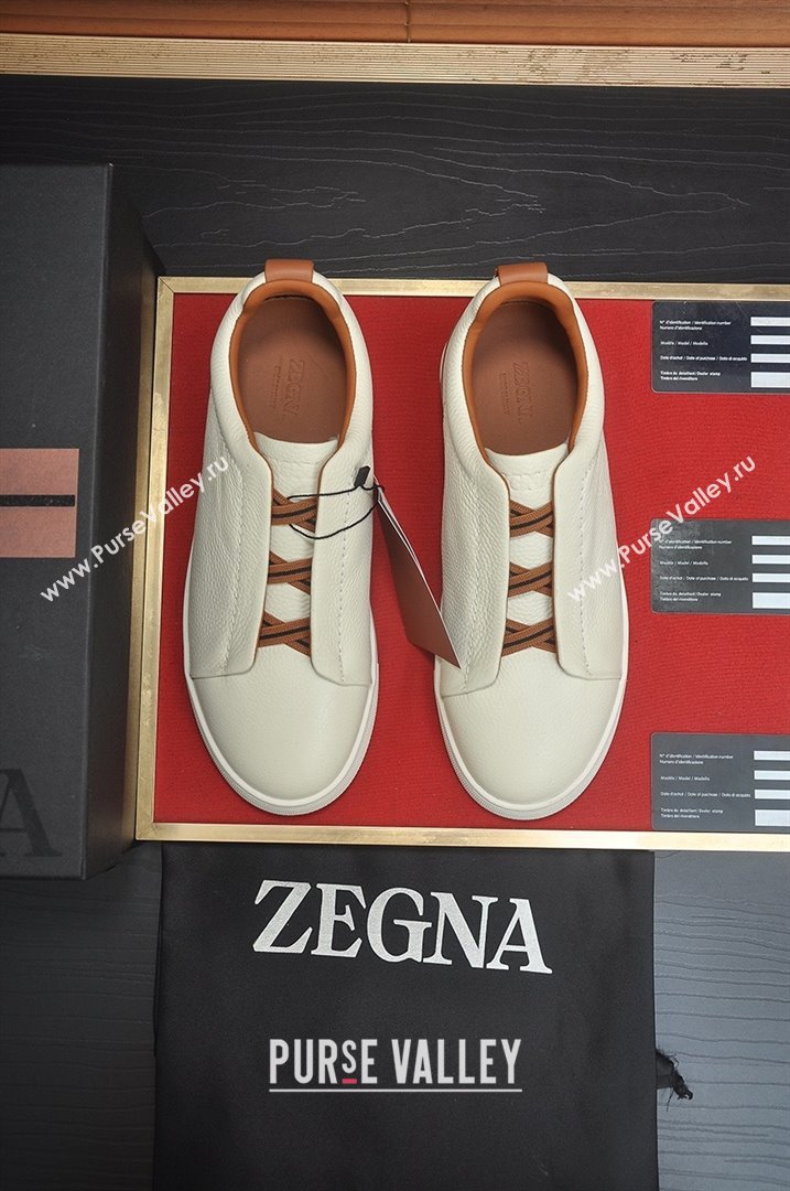 Zegna Mens Grained Leather Triple Stitch Sneakers White/Brown 2025 (LJD-25081306)