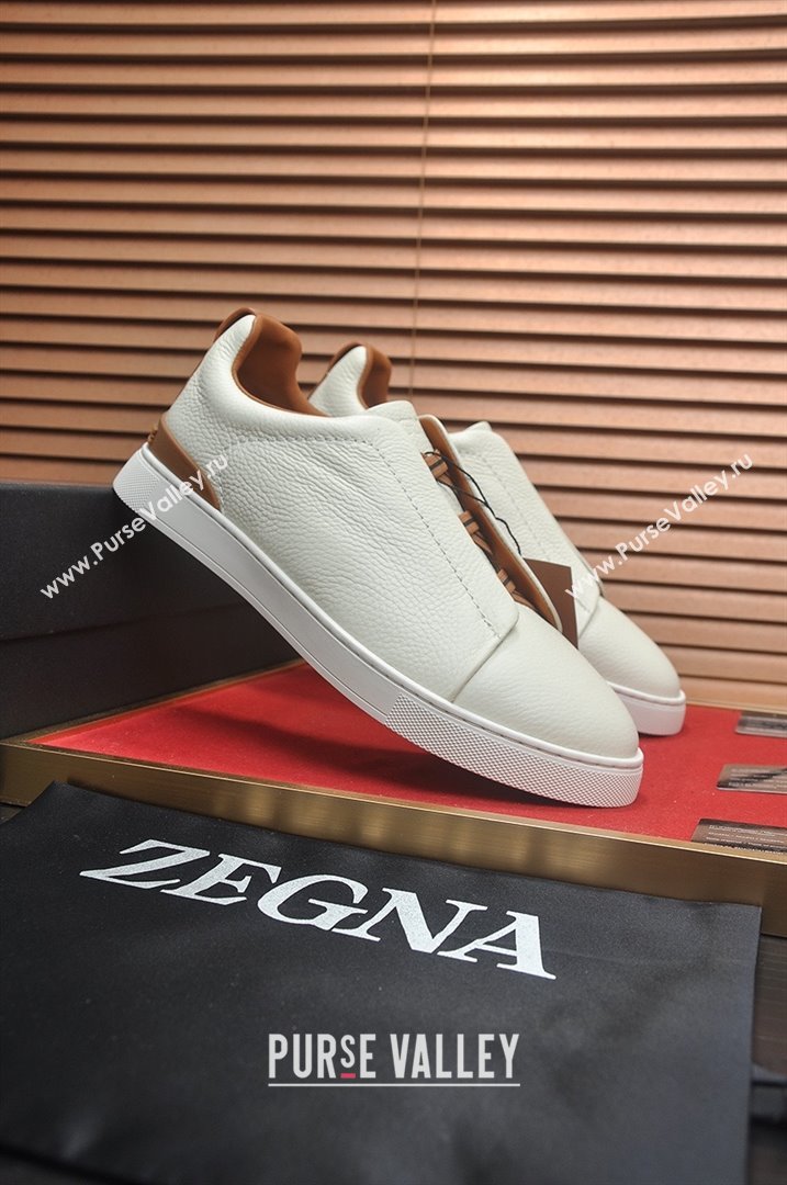 Zegna Mens Grained Leather Triple Stitch Sneakers White/Brown 2025 (LJD-25081306)