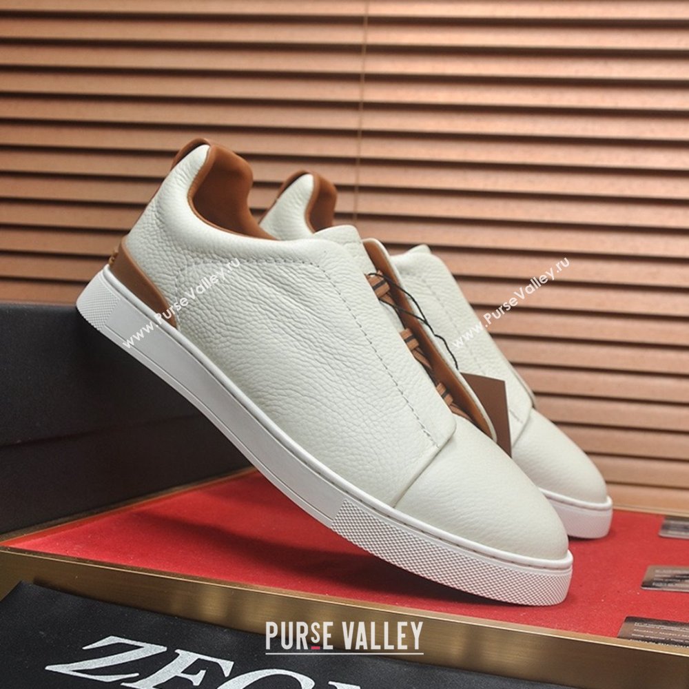 Zegna Mens Grained Leather Triple Stitch Sneakers White/Brown 2025 (LJD-25081306)