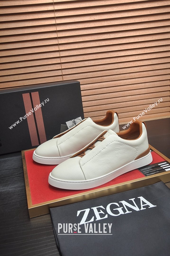 Zegna Mens Grained Leather Triple Stitch Sneakers White/Brown 2025 (LJD-25081306)