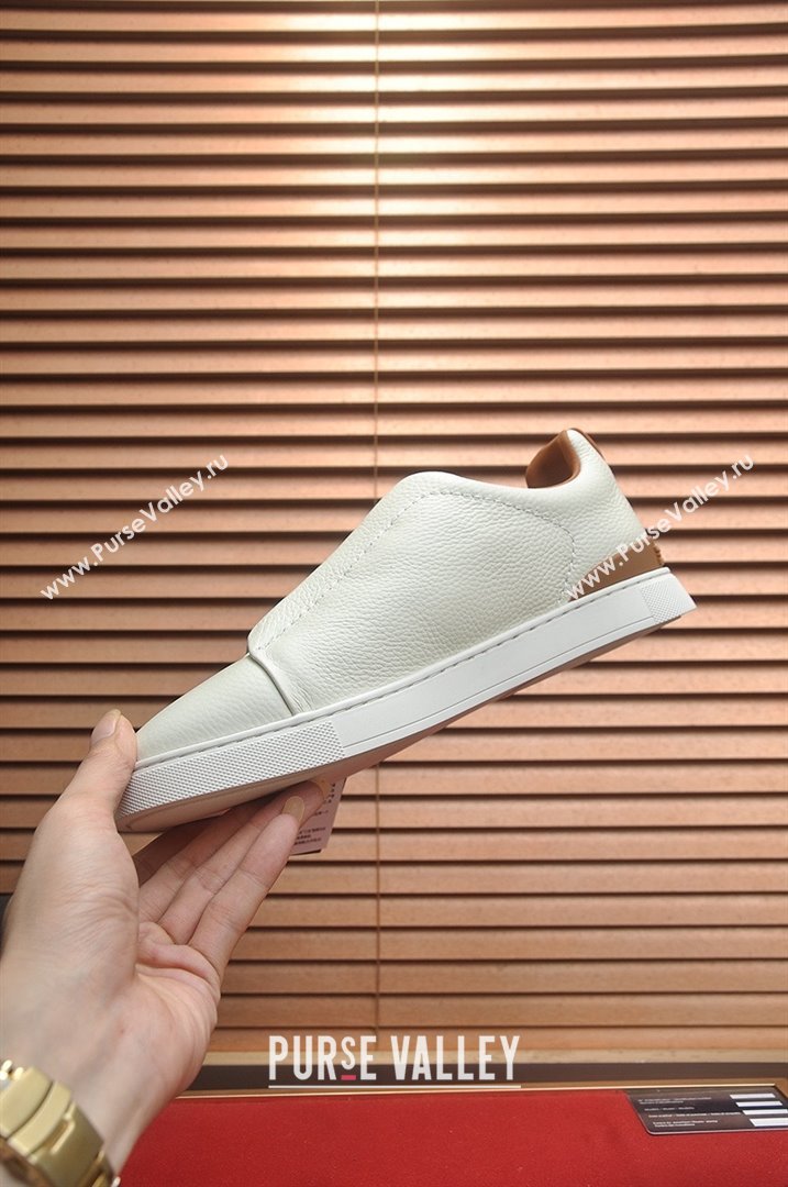 Zegna Mens Grained Leather Triple Stitch Sneakers White/Brown 2025 (LJD-25081306)