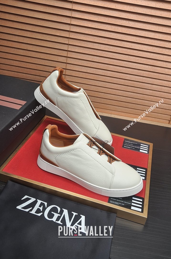 Zegna Mens Grained Leather Triple Stitch Sneakers White/Brown 2025 (LJD-25081306)