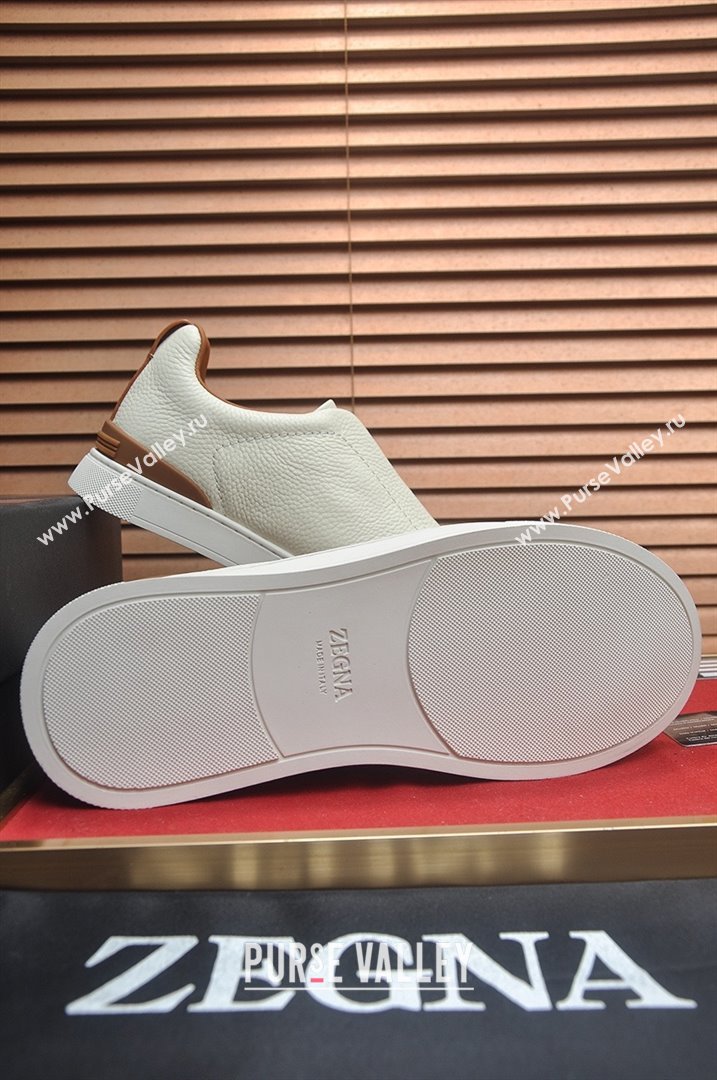 Zegna Mens Grained Leather Triple Stitch Sneakers White/Brown 2025 (LJD-25081306)