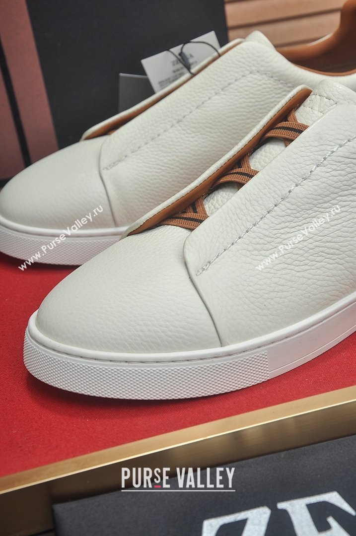 Zegna Mens Grained Leather Triple Stitch Sneakers White/Brown 2025 (LJD-25081306)