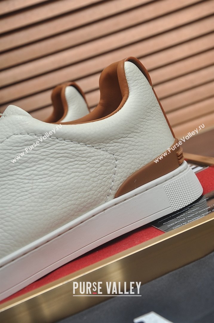 Zegna Mens Grained Leather Triple Stitch Sneakers White/Brown 2025 (LJD-25081306)